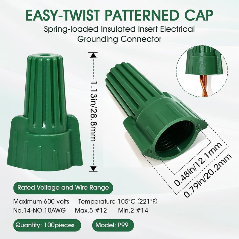 Dirvcp Professional Winged Ground Wire Connector Nuts with Hole by - 100-Pack of UL Listed Spring Loaded Wire Nuts for Safe Electrical Connections - Image 2